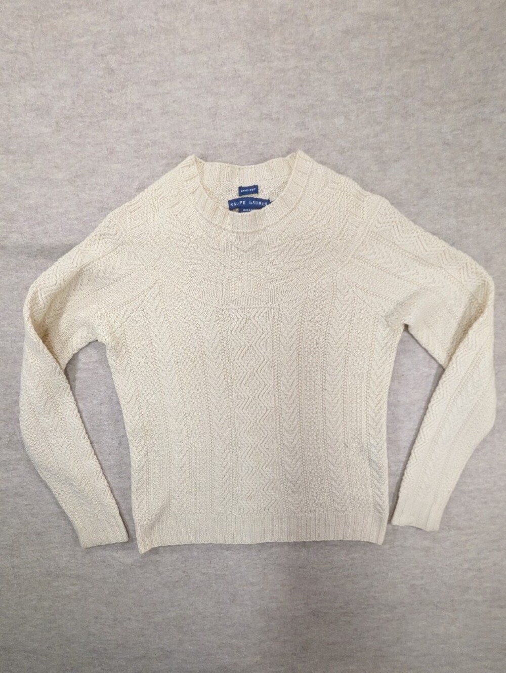 Ralph Lauren Hand Knit Soft Lambs Wool Ivory Cream Cable Aran Vintage Sweater M